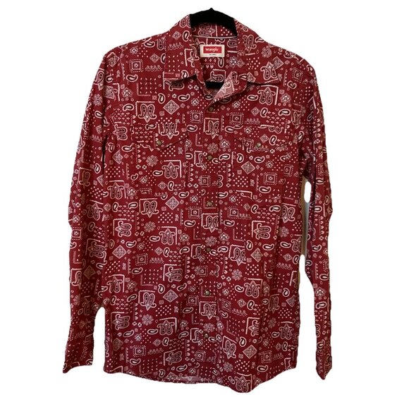 Y2K Wrangler Shirt Mens S Red Paisley Western Button Up Long Sleeve Bandana - Picture 1 of 7